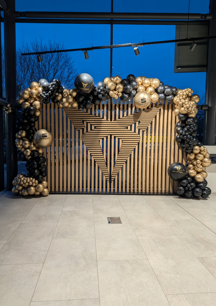 Corporate balloon arch display for Cupra showroom event by Balloonz UK