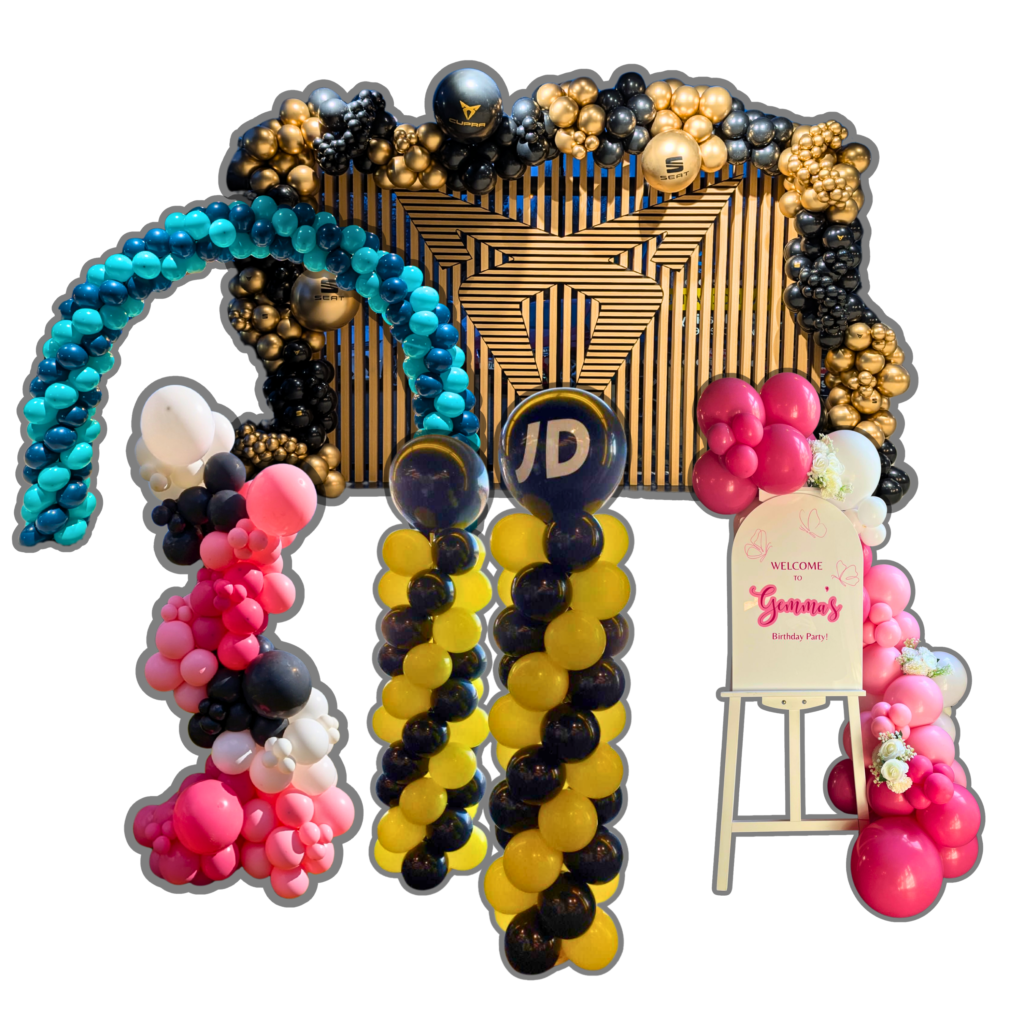 Luxury balloon displays including corporate backdrop styling, birthday welcome sign and bespoke balloon columns by BalloonzUK in Derbyshire